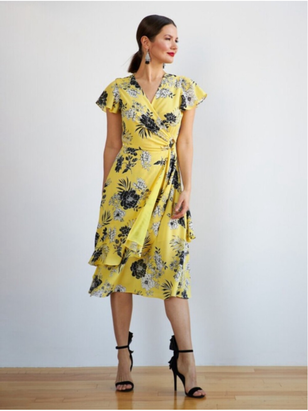 Joseph Ribkoff Yellow Floral Wrap High Low Dress Size 10